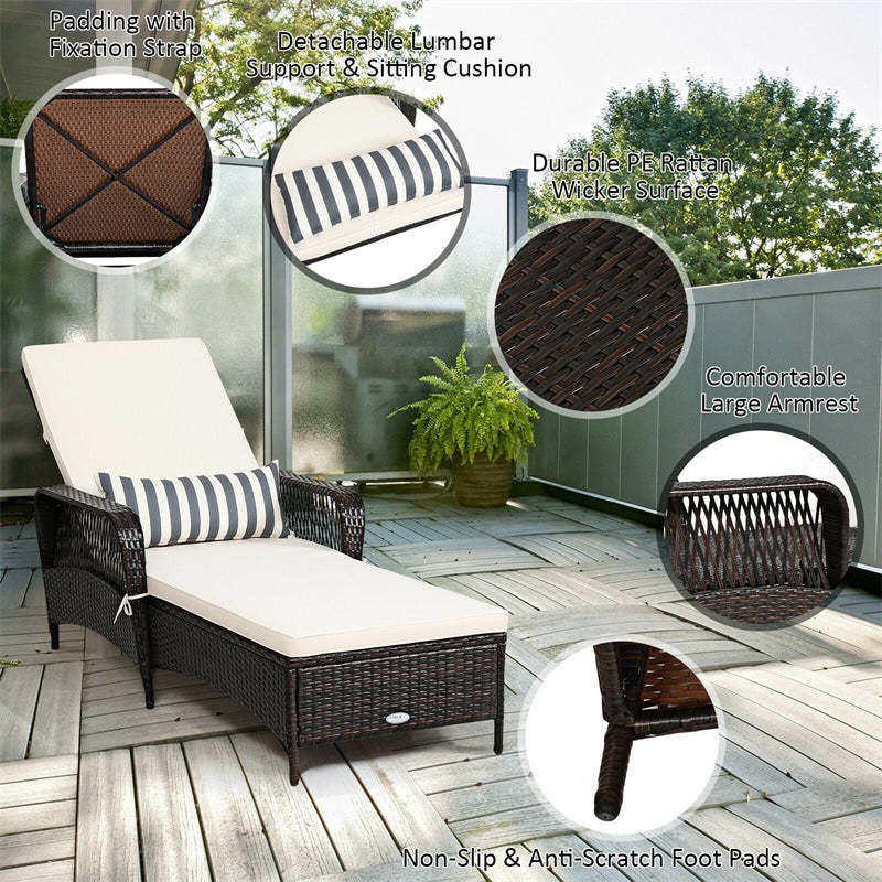 Wicker Rattan Patio Chaise Lounge Recliner Chair with 6-Gear Adjustable Backrest