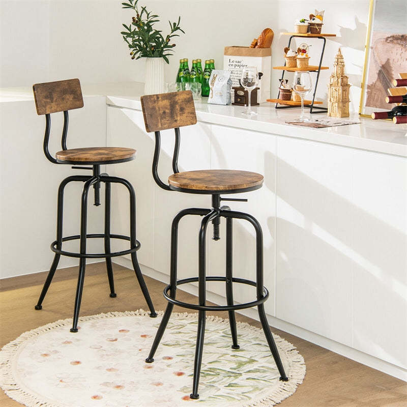 Vintage Industrial Bar Stools Set of 2, Adjustable Counter Height Bar Chairs with Arc-Shaped Backrest & Footrest, Swivel Metal Stools for Kitchen Pub