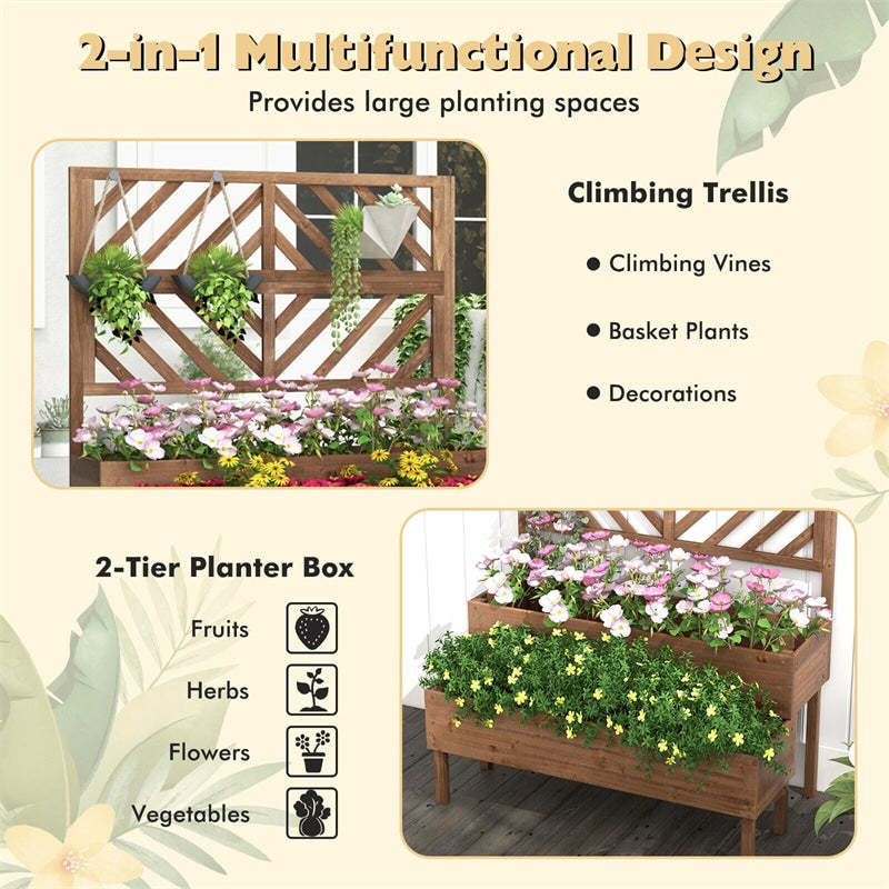 2-Tier Raised Garden Bed with Trellis, Outdoor Wood Elevated Planter Box with Legs & Drainage Holes for Vegetables, Flowers, Herbs, Climbing Vines
