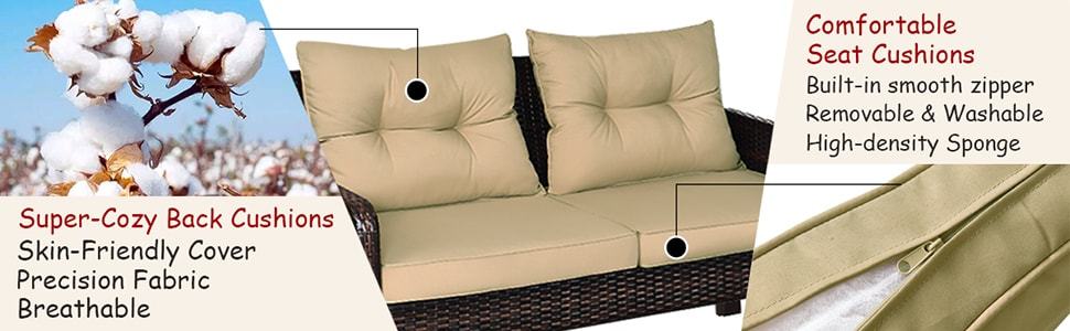 4 Piece Wicker Outdoor Furniture Set Rattan Patio Conversation Set with Coffee Table & Cushions