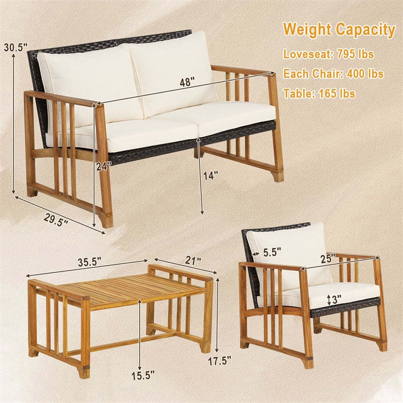4 Piece Acacia Wood Frame Rattan Patio Sofa Set with Seat & Back Cushions, Wicker Outdoor Conversation Set for Garden Yard