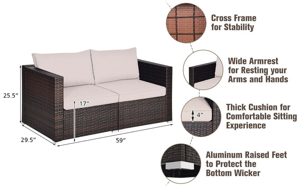 2 PCS Patio Rattan Sectional Corner Sofa Furniture Set Wicker Outdoor Loveseat with Cushions for Balcony Poolside Deck