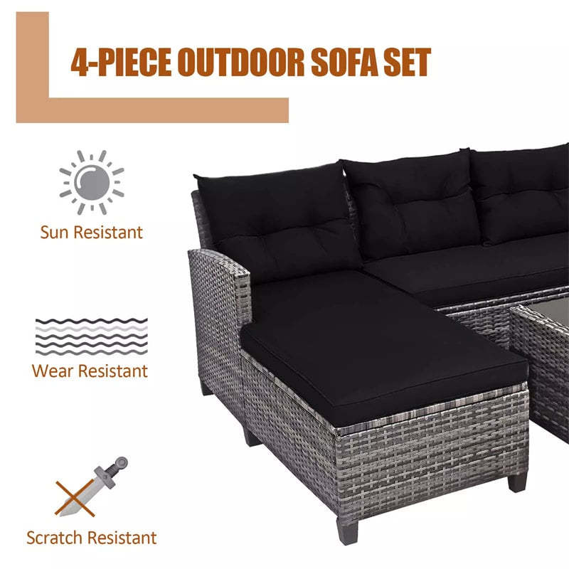 4-Piece Patio Rattan Conversation Set, Wicker Outdoor Sectional Sofa with 2-Tier Coffee Table & Cushions for Poolside, Backyard & Garden