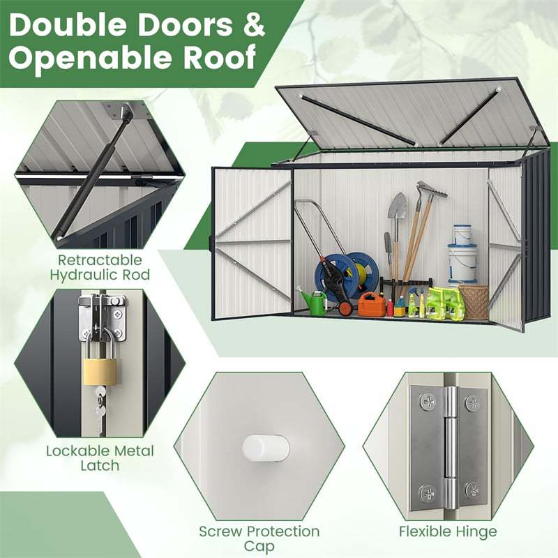 Double Doors & Openable Roof: The metal utility garden storage shed features double doors with a lockable metal latch, providing extra security and convenience. Moreover, the roof can be safely and slowly opened and closed with retractable hydraulic rods, making fetching items a breeze.