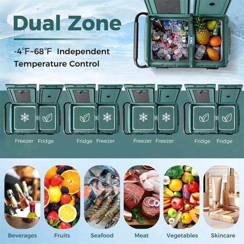 53 Quart Dual Zone Car Refrigerator with Wheels, Portable Car Fridge Freezer 12V/24V DC, 100-240V AC Electric Cooler for RV Camping