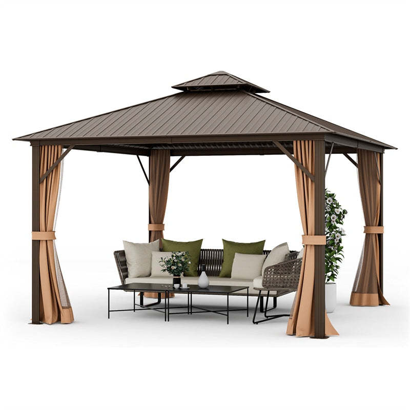 12' x 12' Hardtop Gazebo Galvanized Steel Double Roof Patio Gazebo Aluminum Frame Permanent Pavilion Gazebo with Netting & Curtains
