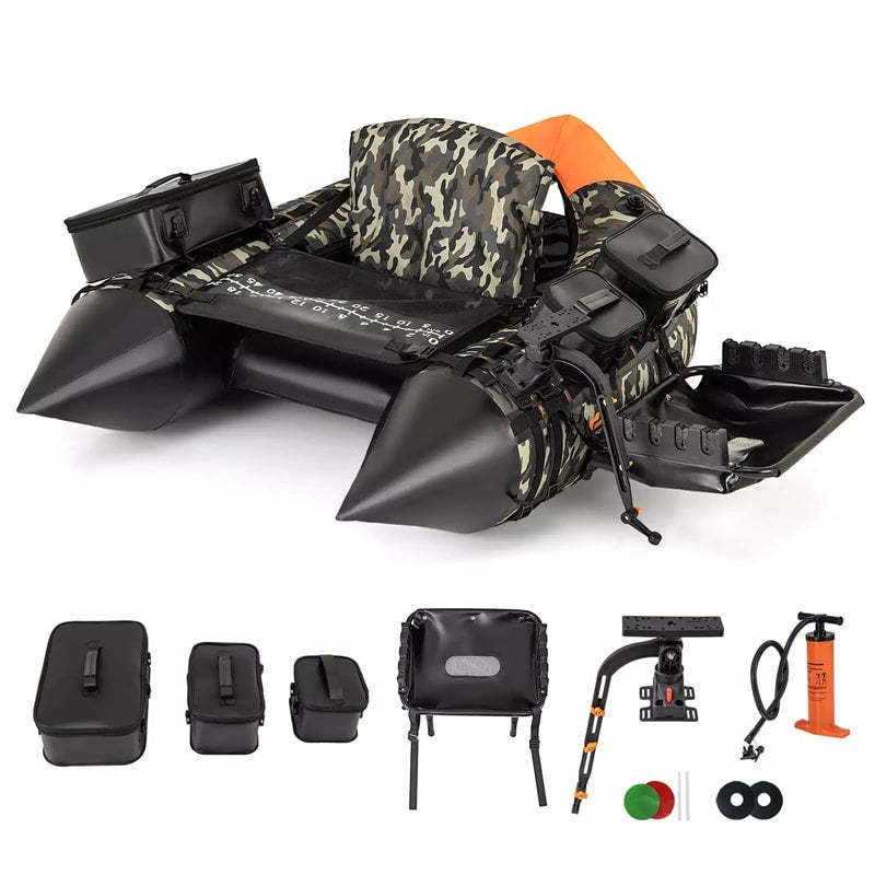 Inflatable Float Tube, Fishing Belly Boat with Fish Finder Holder, Rod Rack, Fish Ruler, Pump, 3 Detachable Storage Boxes, 350LBS Load Capacity