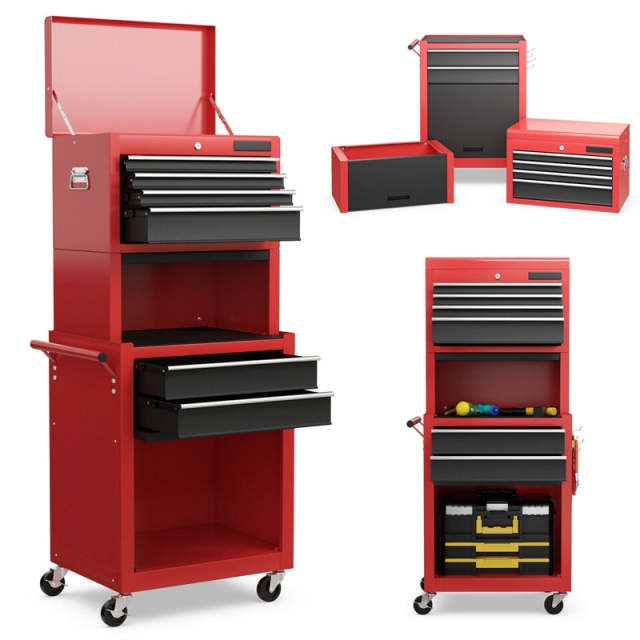 6-Drawer Rolling Tool Chest, 3-in-1 Tool Storage Cabinet with Auto-Lock System, Lockable Wheels & Detachable Top Box for Garage/Workshop