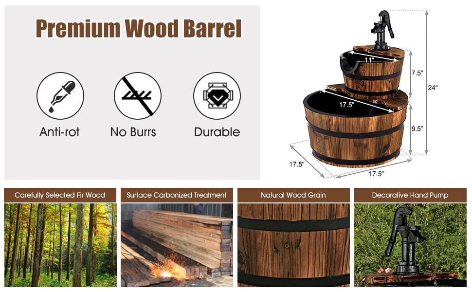 2-Tier Outdoor Barrel Waterfall Fountain with Hand Pump for Garden Backyard