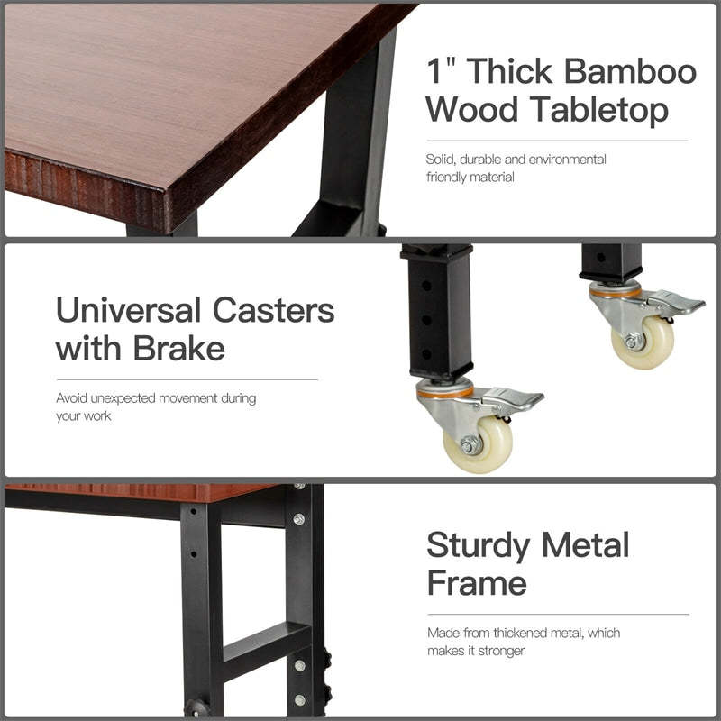 48" Heavy-Duty Mobile Workbench, Height Adjustable Work Table with Power Outlet, Removable Wheels, Bamboo Top for Garage Workshop, 2000 Lbs