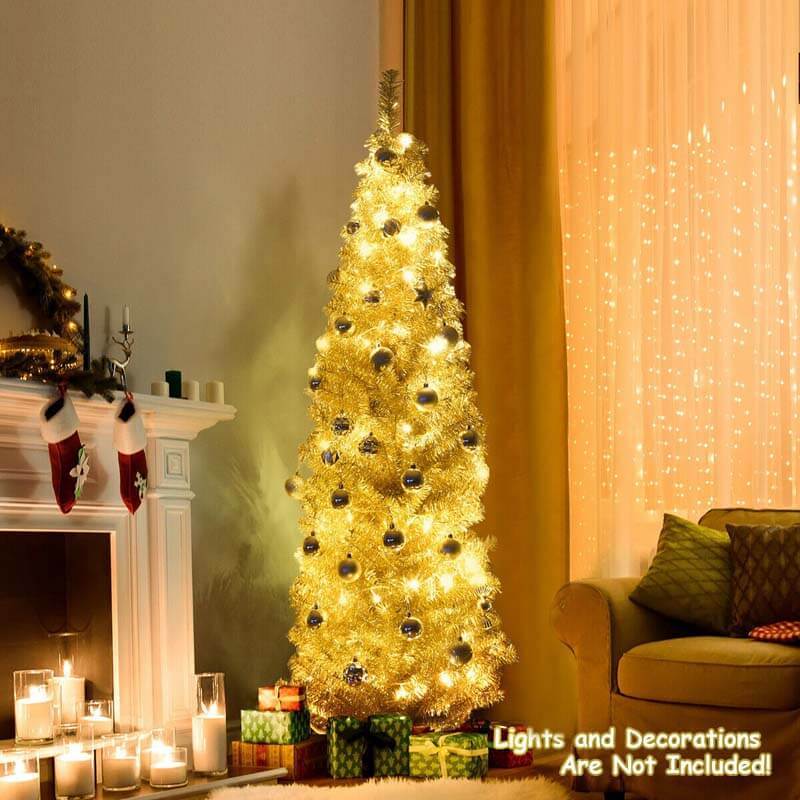6 Feet Tinsel Artificial Slim Pencil Christmas Tree with Electroplated Technology for Indoor and Outdoor