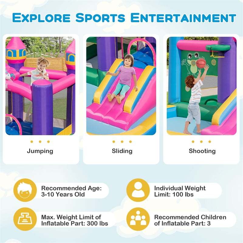 Inflatable Bounce House, 6-in-1 Unicorn Jumping Bouncy Castle with Slide, 2 Ball Pits & Basketball Rim for Kids Indoor Outdoor Fun, Birthday Gift