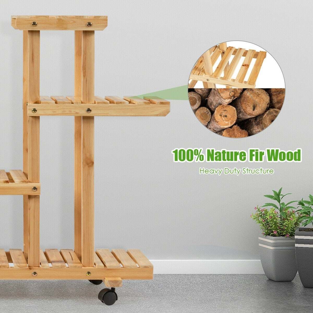 4 Tier Wood Plant Stand Rolling Flower Rack with 6 Wheels