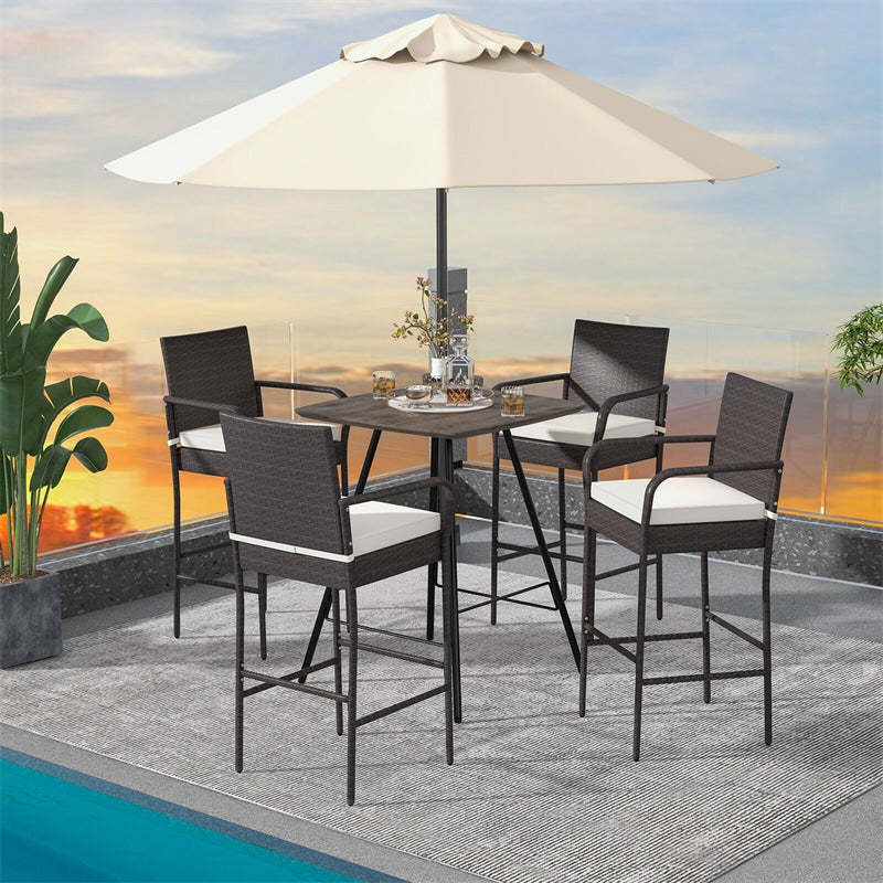 4 Pack Outdoor Wicker Bar Stools 29.5" PE Rattan Patio Bar Height Stools High Back Bar Chairs with Armrests, Cushions, Heavy Duty Metal Frame