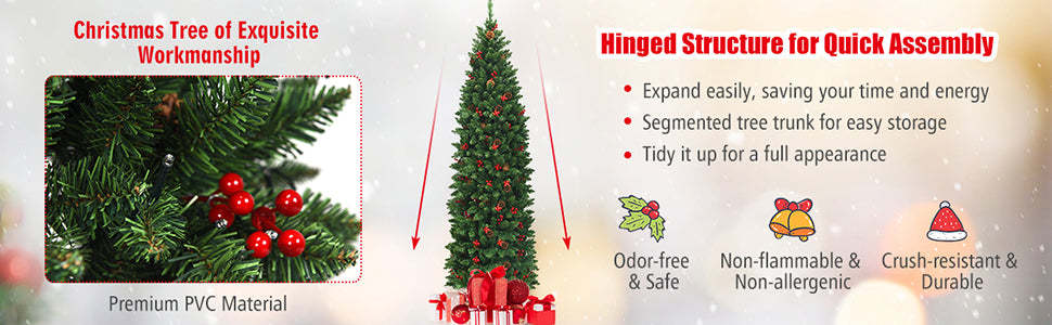 Pre-lit Hinged Pencil Artificial Christmas Tree w/ Pine Cones Red Berries and LED Lights