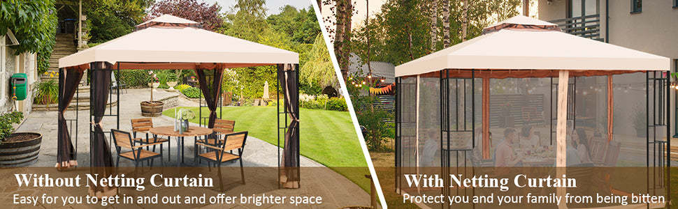 10x10 FT 2 Tier Vented Steel Patio Gazebo Canopy with Netting Curtain