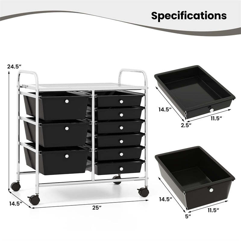 9-Drawer Rolling Storage Cart, Mobile Art & Craft Supply Organizer on Wheels, Metal Frame, Drawer Utility Cart for Classroom Office Home Salon