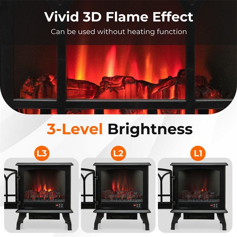 23” Electric Fireplace Stove Infrared Freestanding Fireplace Heater 1400W with Remote Control & 3-Level Dimmable Flame Effect