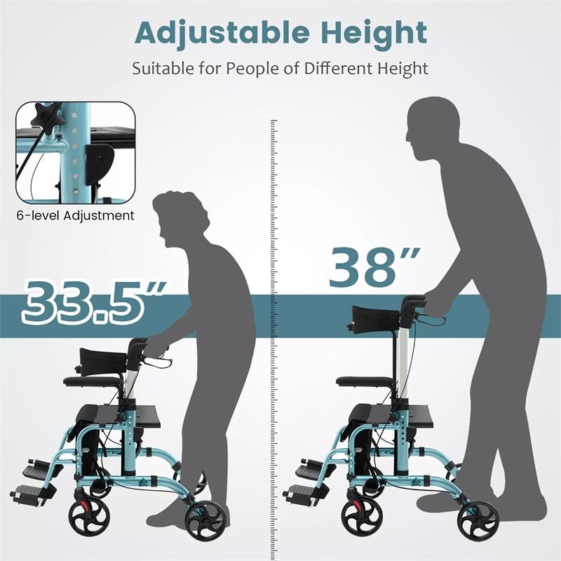 2-in-1 Folding Rollator Walker Wheelchair Combo with Backrest & Adjustable Height, 300lbs Aluminum Mobility Walking Aid for Seniors/Adults