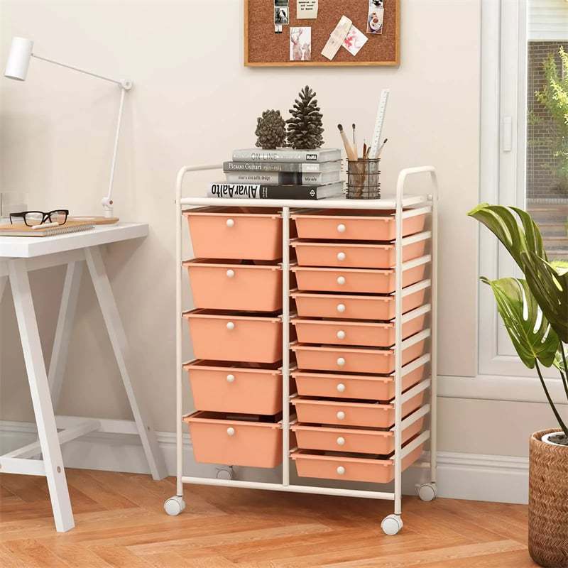 15-Drawer Rolling Storage Cart, Art &  Craft Organizer with Wheels & Removable Drawers for Tools, Scrapbook Paper, Home Office School