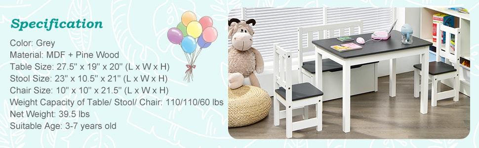 4 Piece Wooden Kids Activity Table & Chairs Set with Toy Storage Bench for Children Playroom