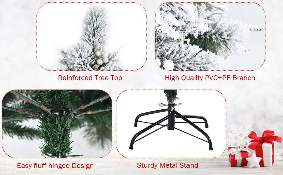8ft Snow Flocked Hinged Artificial Christmas Tree with Berries and Poinsettia Flowers