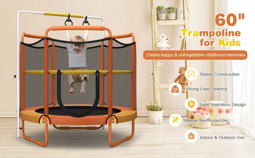 60" Kids Mini Trampoline 5 FT Toddler Recreational Trampoline with Swinging Rings & Horizontal Bar