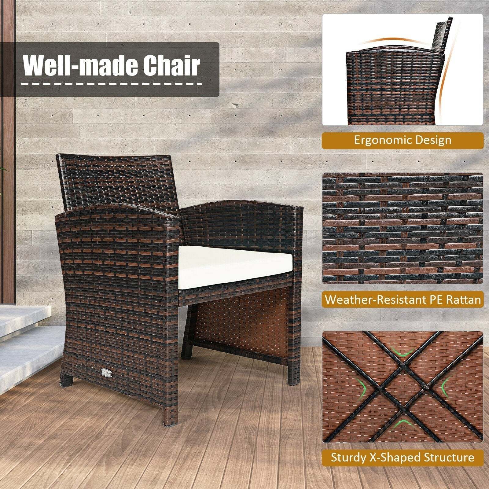 3 Pieces Outdoor PE Rattan Furniture Set with Cushion Chair and Coffee Table