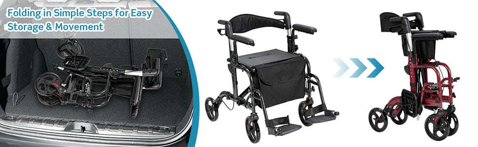 2-in-1 Folding Rollator Walker for Seniors with Seat, 8" Wheel Medical Walker Transport Wheelchair, Height Adjustable Handle, Mobility Aid