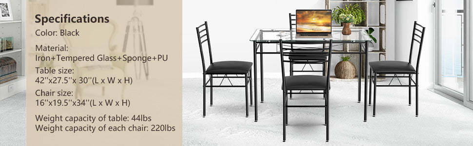 5 Piece Dining Table Set with Glass Top Table & 4 Upholstered Chairs Kitchen Room Furniture