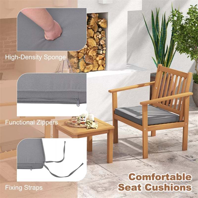 3 Pieces Patio Wood Furniture Set Acacia Wood Chairs & Coffee Table Set with Soft Seat Cushions & Slatted Design for Porch Yard Balcony