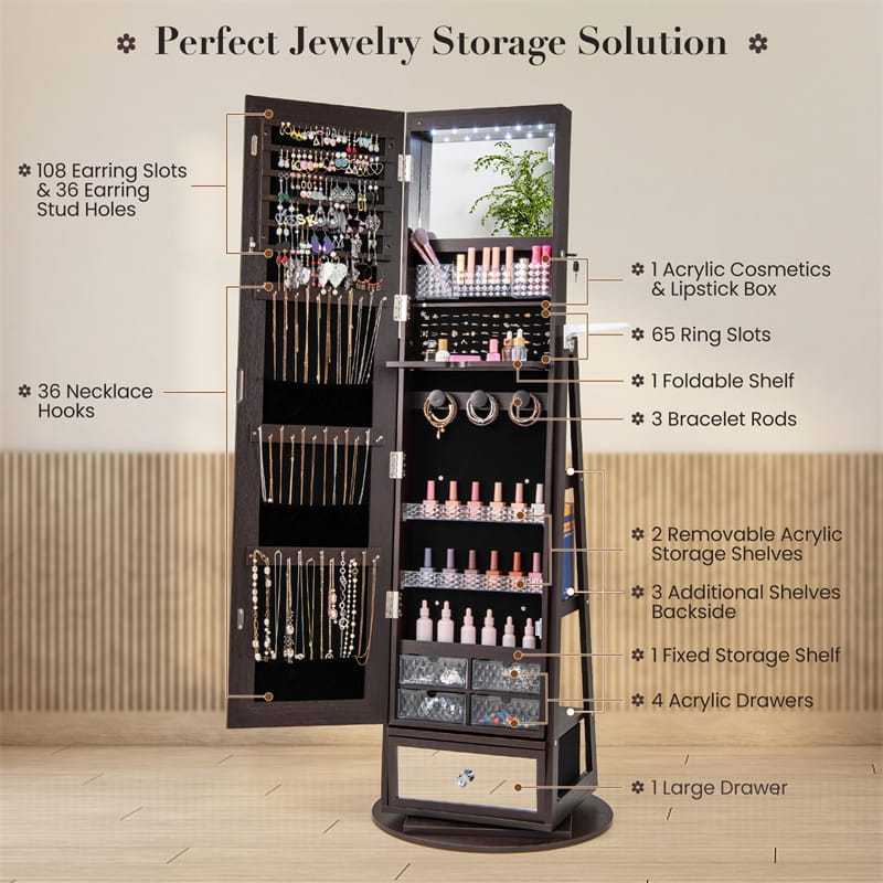 360° Swivel Jewelry Cabinet Armoire, Full-Length Mirror with LED Lockable Jewelry Organizer, Hairdryer Holder, Drawer, Rear Storage Shelves