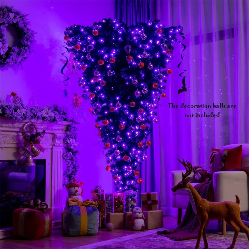 6FT Pre-Lit Upside Down Christmas Tree with 270 Purple LED Lights, Black Halloween Tree Artificial Inverted Xmas Tree for Holiday Party Decor