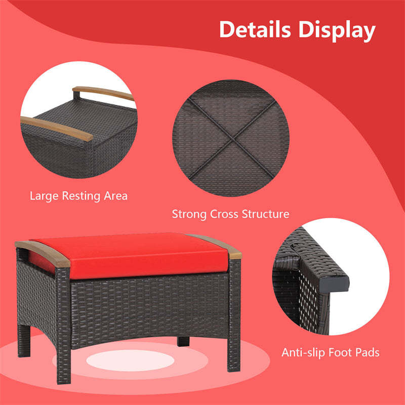 2PCS Patio PE Rattan Ottomans w/ Acacia Wood Handle & Removable Cushion, 3-in-1 Wicker Outdoor Footrest Seat & Side Table for Poolside, Backyard