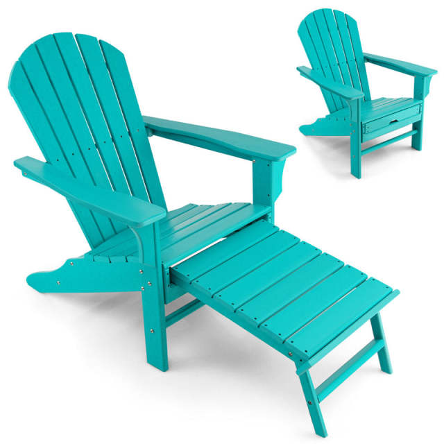Outdoor HDPE Adirondack Chair, Weather Resistant Fire Pit Chair with Retractable Ottoman & 330 LBS Capacity for Patio, Backyard, Poolside