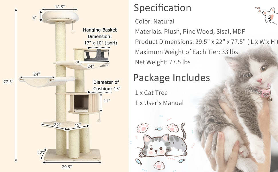 77.5" Tall Cat Tree Condo Multi-Level Large Kitten Tower with Sisal Posts, Hammocks, Hanging Basket & Washable Cushions