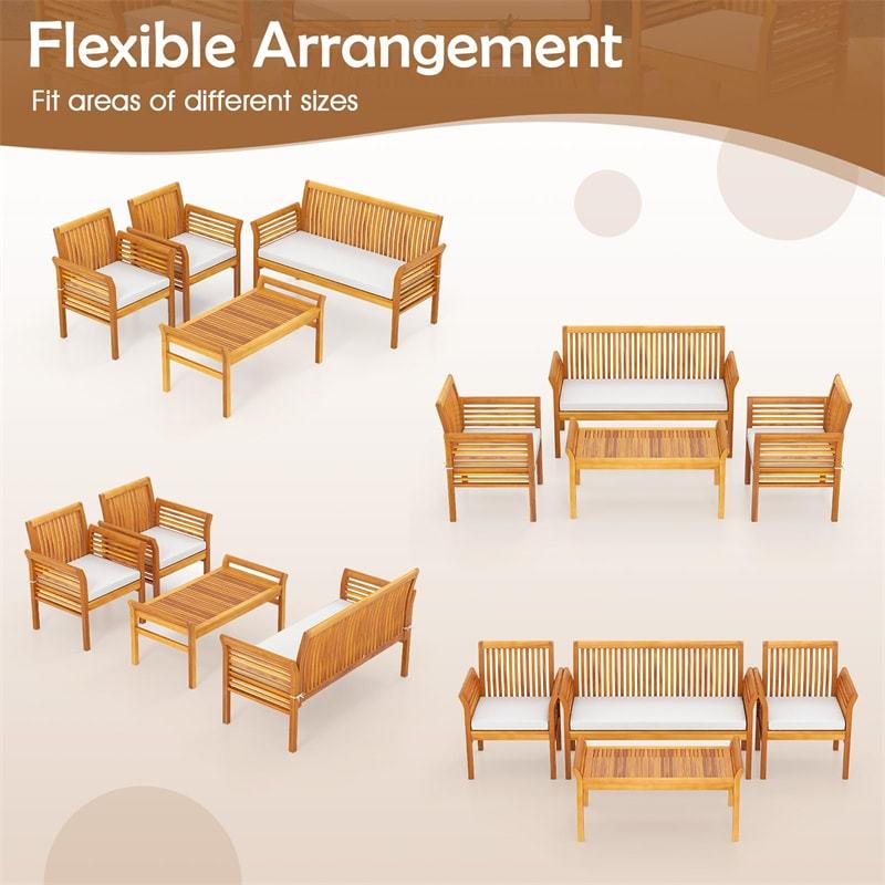 4 Piece Outdoor Acacia Wood Sofa Set with Waterproof Cushions & Coffee Table, Wooden Patio Conversation Set for Backyard, Poolside, Garden