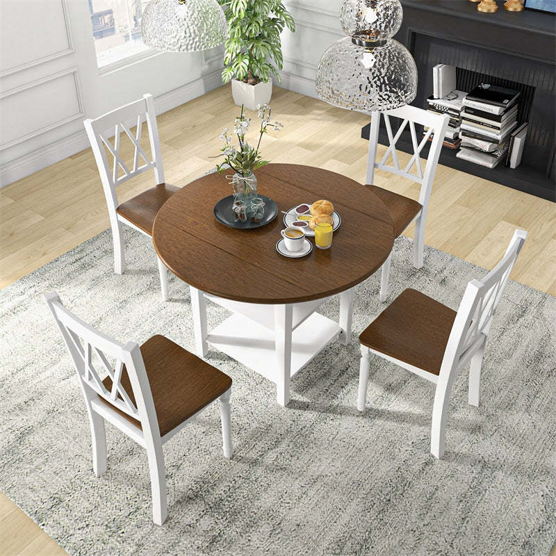 5PCS Solid Wood Dining Room Set Round Drop Leaf Kitchen Table with 4 Chairs & 2-Tier Bottom Open Shelf