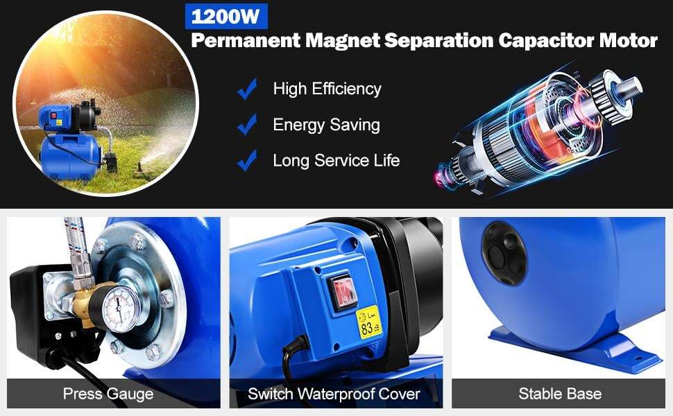 1.6HP Shallow Well Pump & Pressure Tank 1000GPH Home Garden Irrigation Booster Jet Pump 164 FT Stainless Steel Water Booster Pump