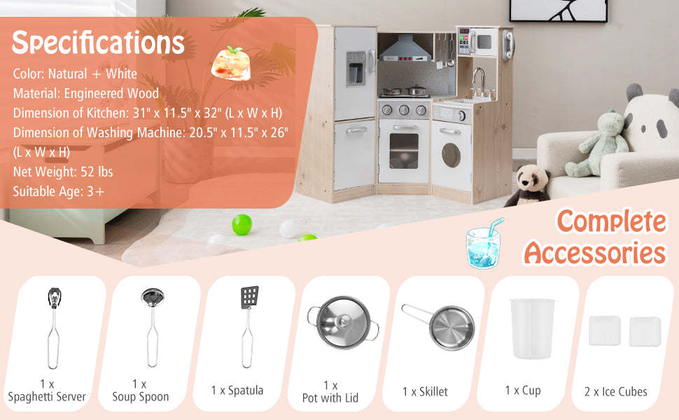 Kids Walk-in Kitchen Playset 9-in-1 Wooden Little Chef Pretend Play Kitchen Toy Set for Toddlers with Lights Sounds & Water Dispenser