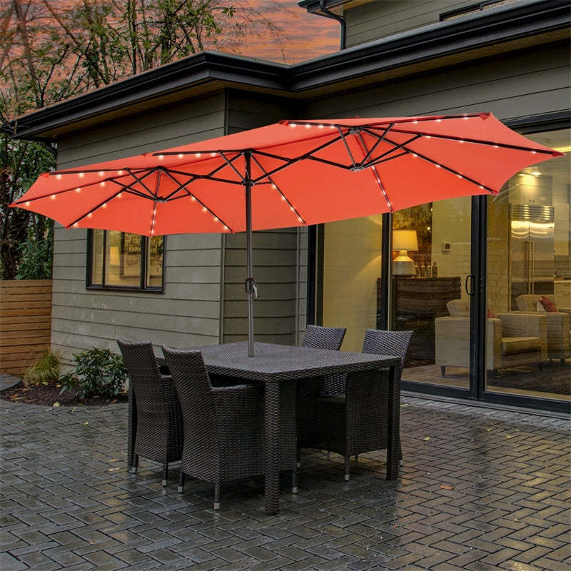 15FT Double-Sided Patio Umbrella with 48 Solar LED Lights & Crank Handle, Extra Large Outdoor Market Umbrella for Poolside, Deck, Backyard