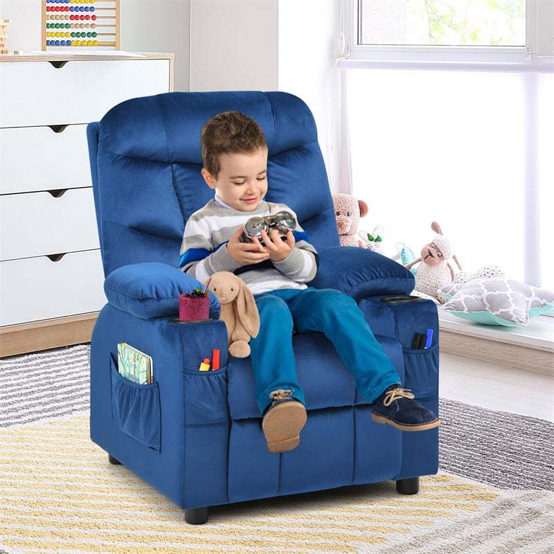 Kids Recliner Chair, Adjustable Velvet Recliner with Footrest, 2 Cup Holders & Side Pockets, Ergonomic Toddler Recliner Sofa for Boys Girls Room