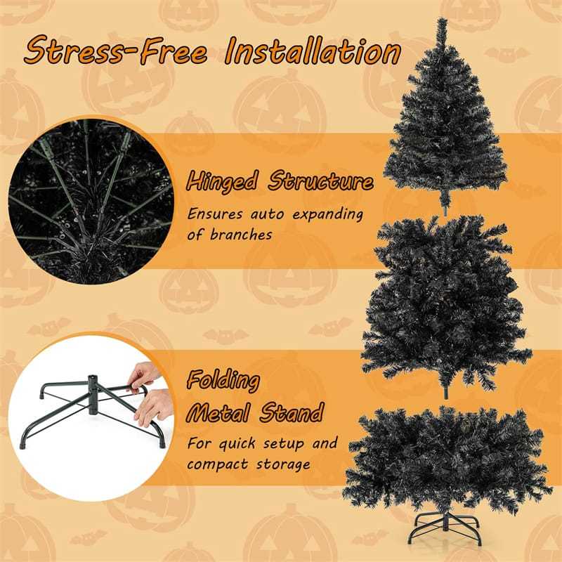 6FT/7FT Artificial Christmas Tree Pre-Lit Black Halloween Tree with Adjustable Treetop, Warm White LED Lights, PVC Branch Tips, Metal Stand