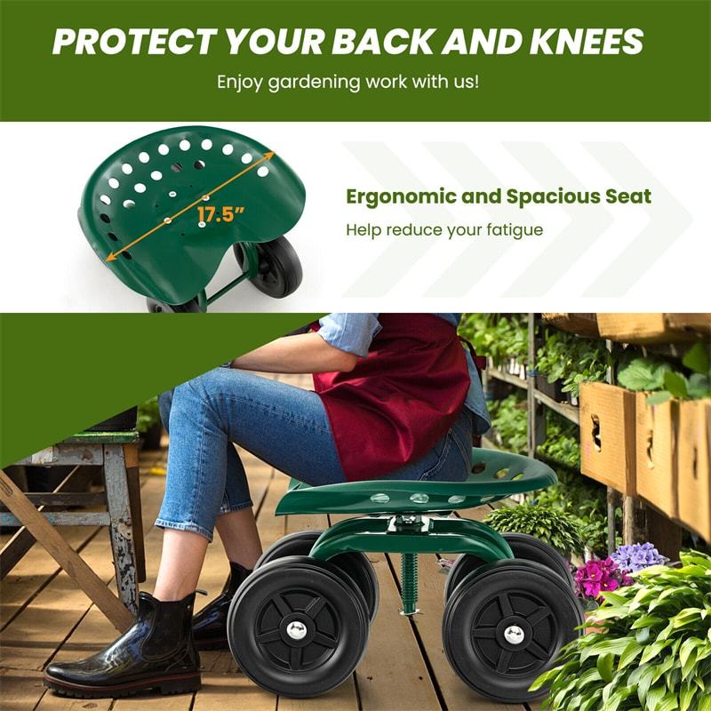 Heavy Duty Rolling Garden Cart Adjustable Height Utility Stool Cart with 360° Swivel Seat & Wheels