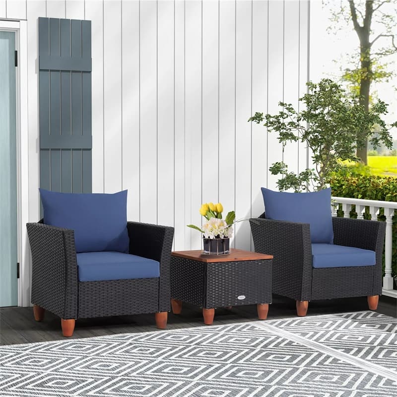 3PCS Patio Rattan Furniture Set Cushioned Sofa Chair Storage Coffee Table with Acacia Wood Top, Outdoor Wicker Conversation Set for Garden