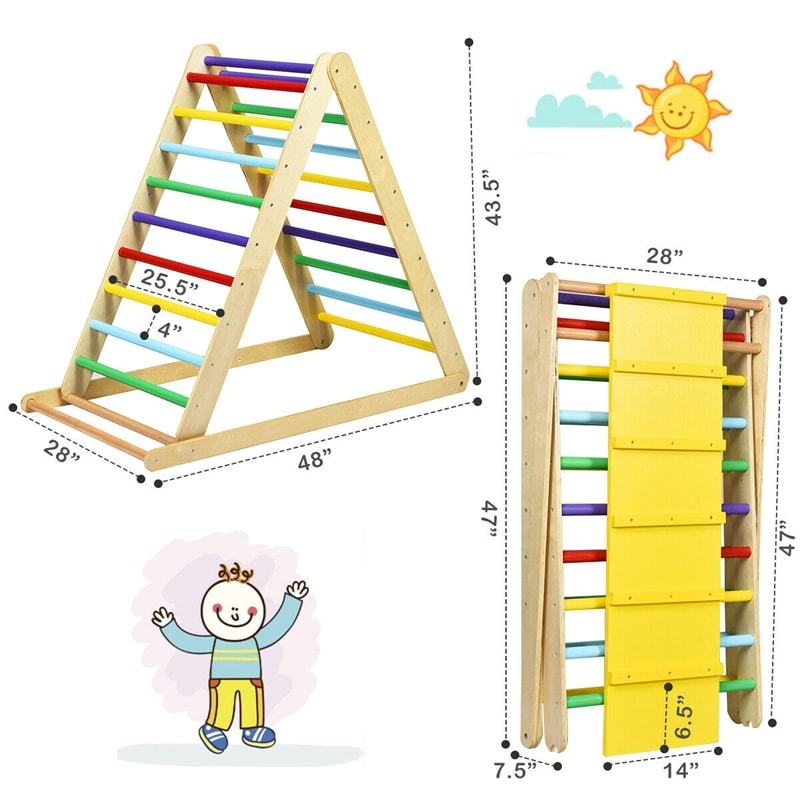 Foldable Wooden Climbing Pikler Triangle Toddler Climber Ladder with Climbing Ramp