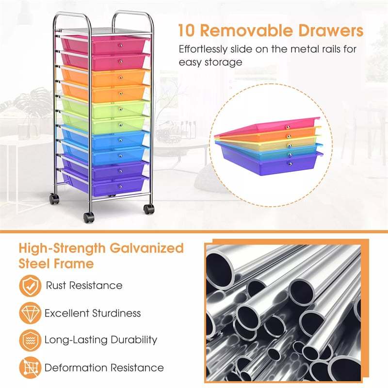 10-Drawer Rolling Storage Cart, Utility Cart with Drawers & Lockable Wheels, Mobile Art Craft Drawer Cart for Home Office, School