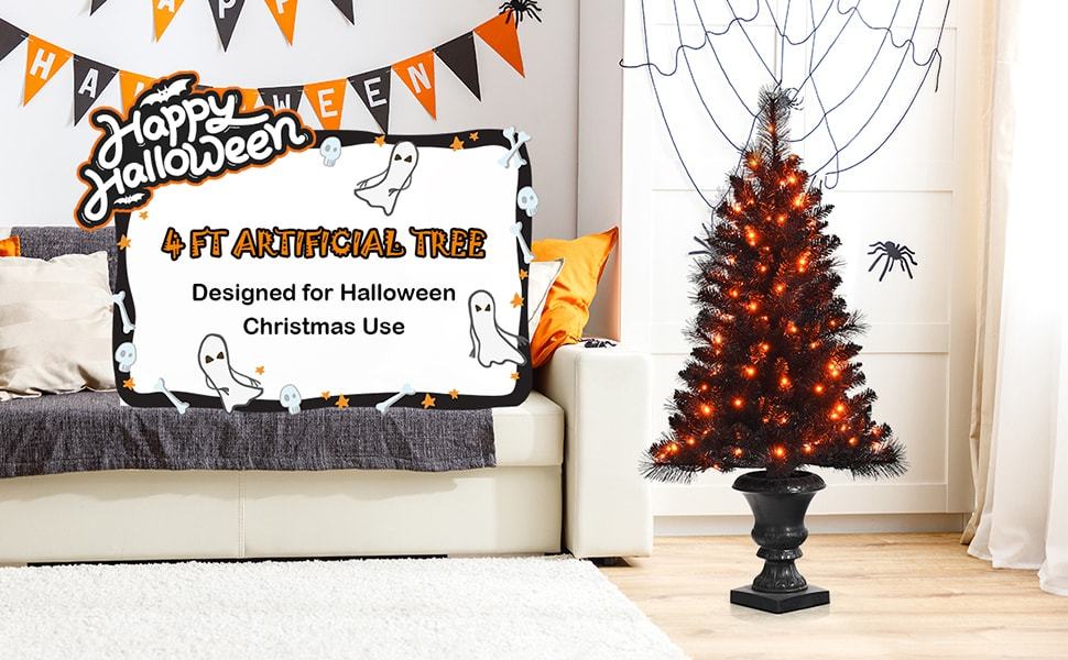 4ft Black Pre-lit Potted Christmas Tree with 100 Orange LED Lights