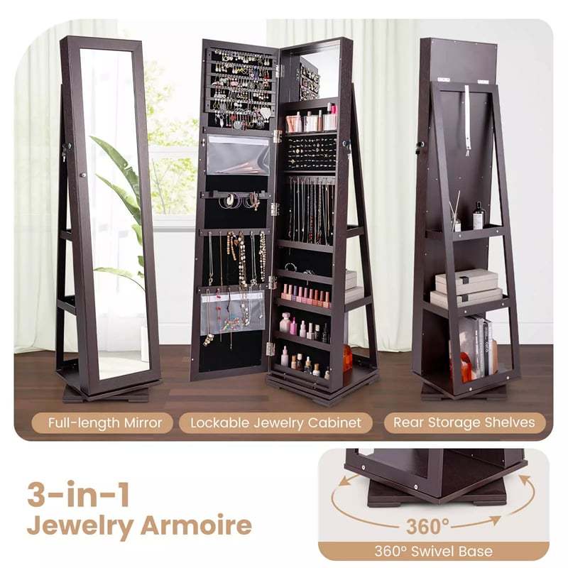 360° Swivel Jewelry Cabinet Armoire with Full Length Mirror & Rear Storage Shelves, Standing Lockable Jewelry Organizer Inside Makeup Mirror
