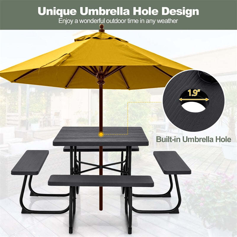 8-Person Picnic Table Set, Square Outdoor Table with 4 Built-in Benches, Umbrella Hole, HDPE Top, Metal Frame, 500LBS Capacity for Garden Patio